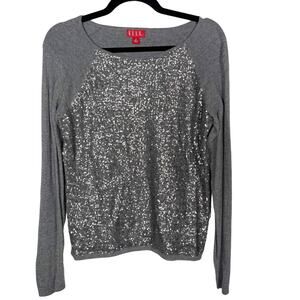Elle Womens Medium M Gray Sequin Pullover Sweater Long Sleeve Cotton Blend